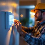 A photograph of a lighting contractor installing a house light timer in a modern home