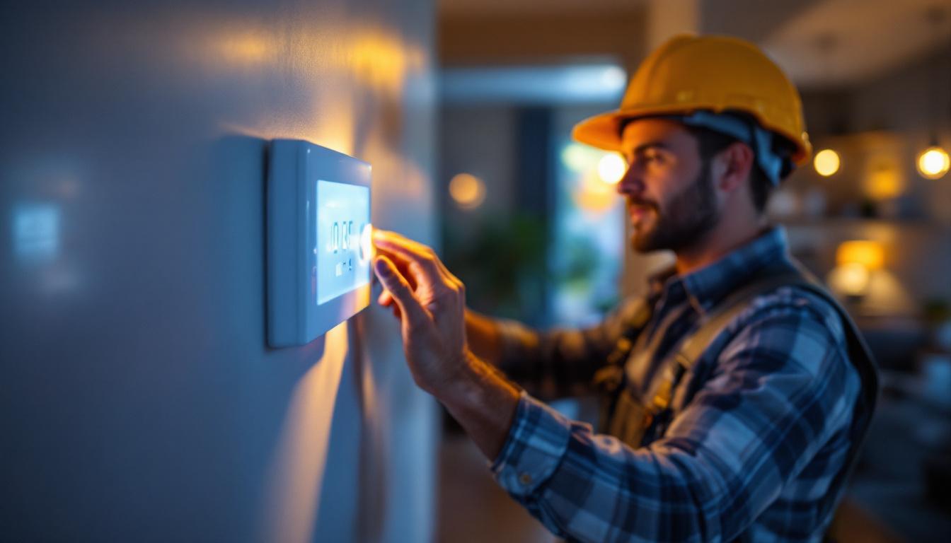 A photograph of a lighting contractor installing a house light timer in a modern home