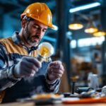 A photograph of a lighting contractor examining a type t 100-watt light bulb in a well-lit workspace