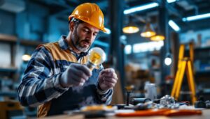 A photograph of a lighting contractor examining a type t 100-watt light bulb in a well-lit workspace