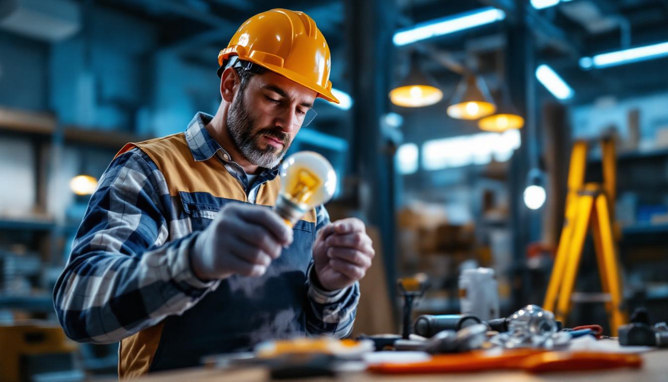 A photograph of a lighting contractor examining a type t 100-watt light bulb in a well-lit workspace
