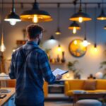 A photograph of a well-lit interior space showcasing a variety of stylish lighting fixtures