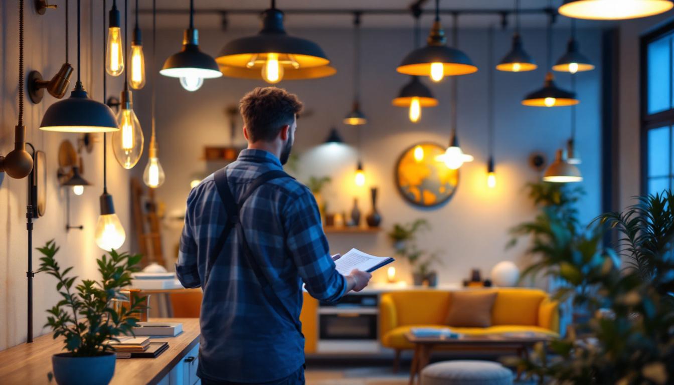 A photograph of a well-lit interior space showcasing a variety of stylish lighting fixtures