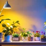 A photograph of a stylish and modern grow light in a beautifully arranged indoor garden setting
