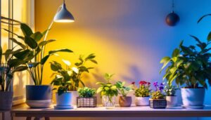 A photograph of a stylish and modern grow light in a beautifully arranged indoor garden setting