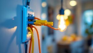 A photograph of a close-up shot of a light switch with three wires connected