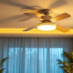 A photograph of a beautifully designed ceiling fan with an integrated light fixture