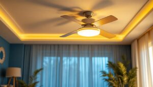 A photograph of a beautifully designed ceiling fan with an integrated light fixture