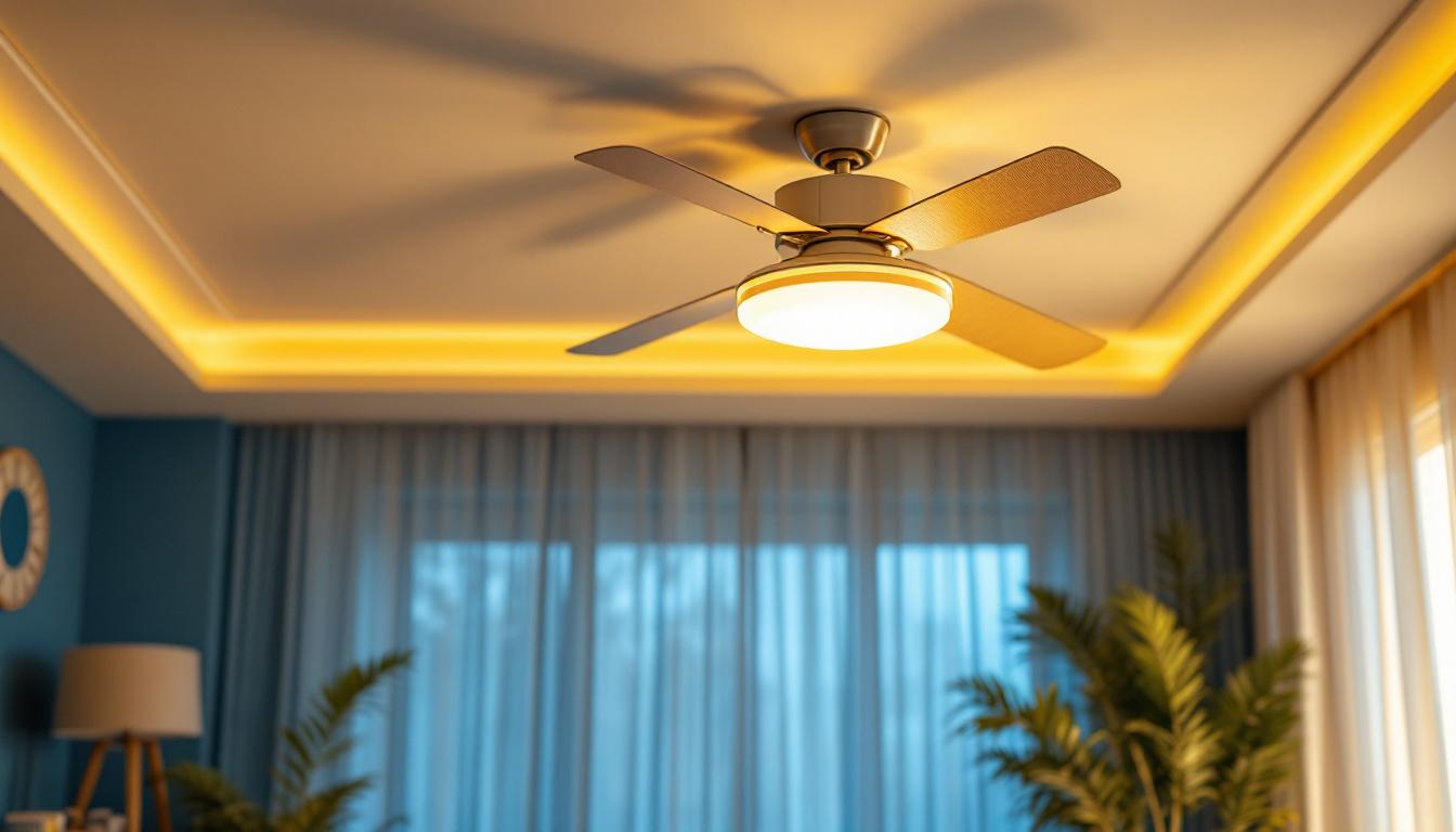 A photograph of a beautifully designed ceiling fan with an integrated light fixture