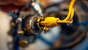 A photograph of a close-up of an electrical screw connector being installed in a lighting fixture