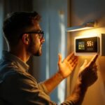A photograph of a lighting contractor setting up a random lamp timer in a stylishly lit room