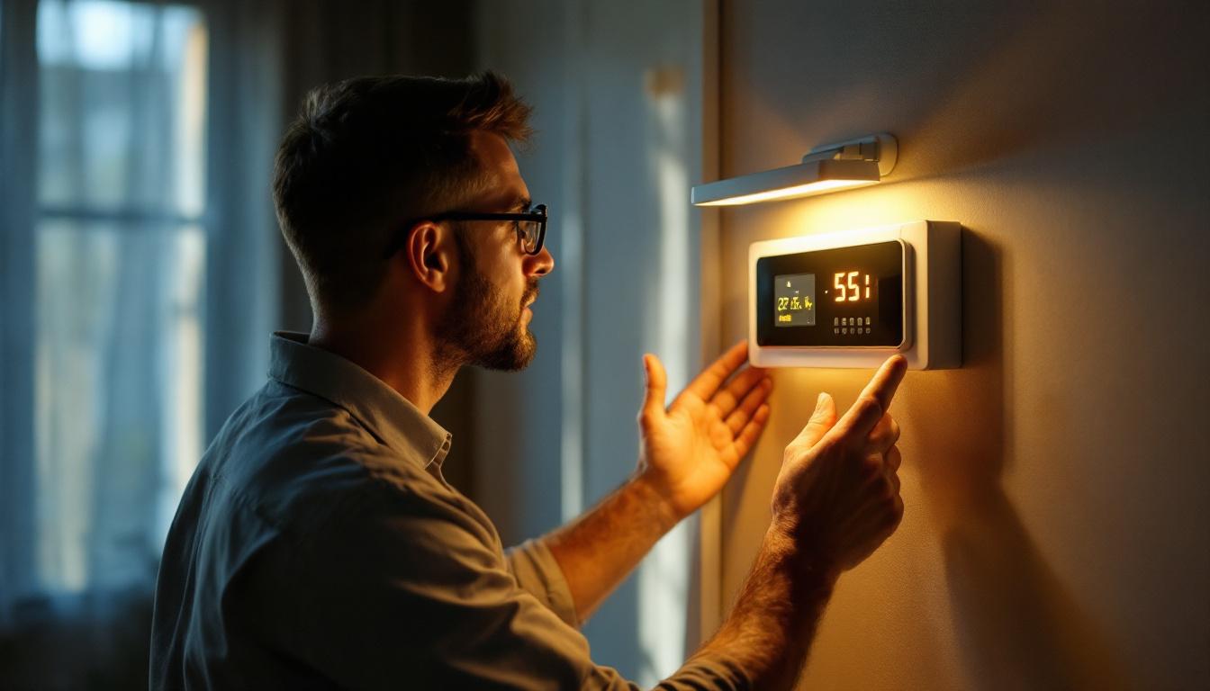 A photograph of a lighting contractor setting up a random lamp timer in a stylishly lit room