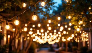 A photograph of a beautifully lit outdoor space featuring white hanging lights strung between trees or along a patio