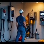 A photograph of a lighting contractor installing an l2 ev charger in a residential garage