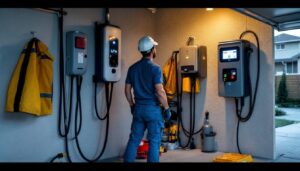 A photograph of a lighting contractor installing an l2 ev charger in a residential garage