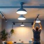 A photograph of a well-lit room featuring various styles of mounted ceiling lights installed in a modern setting