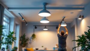 A photograph of a well-lit room featuring various styles of mounted ceiling lights installed in a modern setting