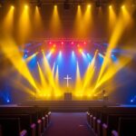 A photograph of a well-lit church stage featuring vibrant stage lights in action during a service or event