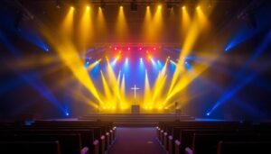 A photograph of a well-lit church stage featuring vibrant stage lights in action during a service or event