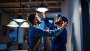 A photograph of a lighting contractor skillfully installing or adjusting linkable led fixtures in a modern residential or commercial setting