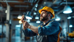 A photograph of a lighting contractor skillfully installing or adjusting a modern lighting fixture in a well-lit