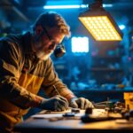 A photograph of a skilled lighting contractor in action