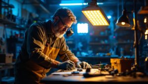 A photograph of a skilled lighting contractor in action