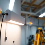 A photograph of a well-lit workspace featuring a plug-in fluorescent light fixture in action