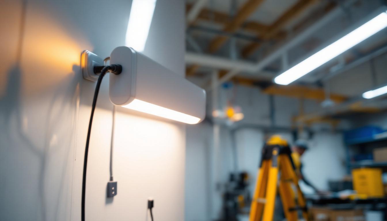 A photograph of a well-lit workspace featuring a plug-in fluorescent light fixture in action