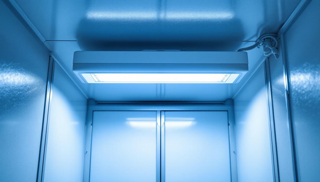 A photograph of a well-lit walk-in freezer showcasing a high-quality light fixture installed on the ceiling