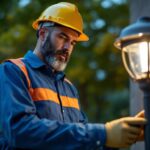 A photograph of a lighting contractor examining a stylish post top light fixture in an outdoor setting