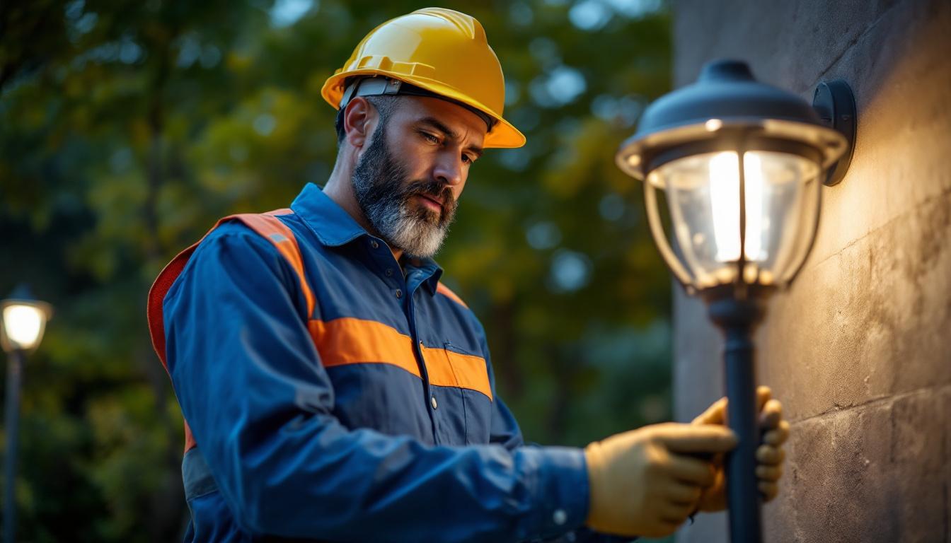 A photograph of a lighting contractor examining a stylish post top light fixture in an outdoor setting