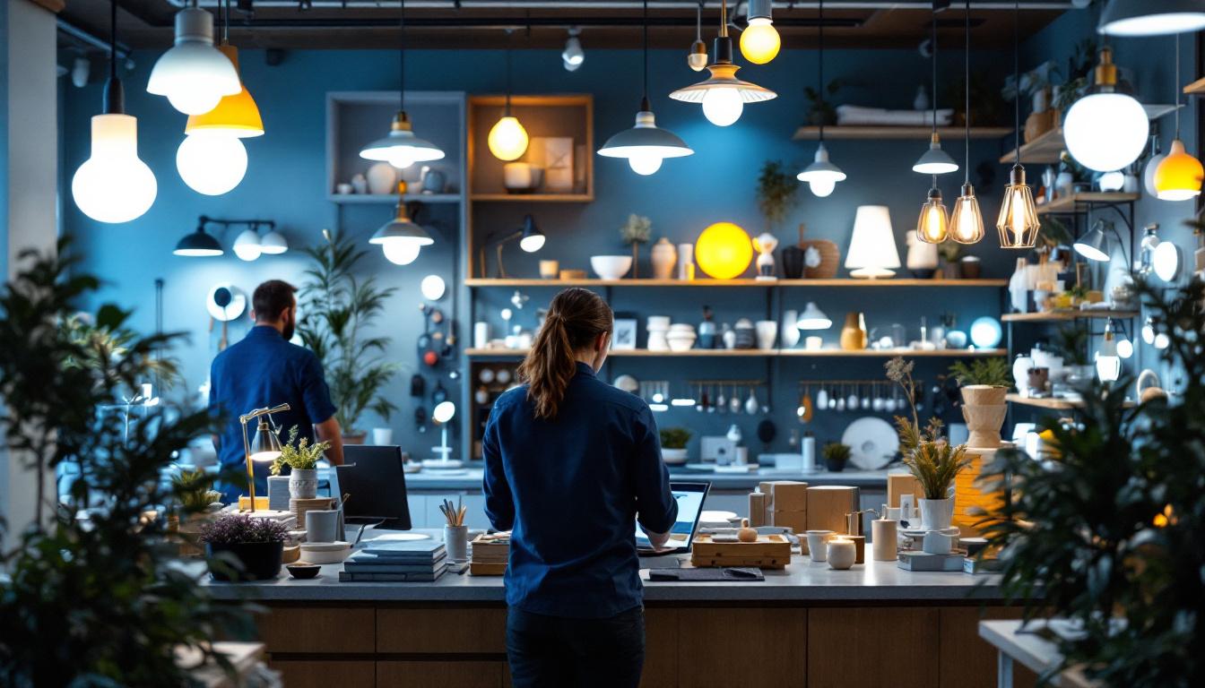 A photograph of a well-organized interior lighting shop showcasing a variety of stylish light fixtures