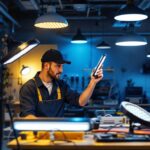 A photograph of a well-lit workspace featuring various types of led light fixtures in use