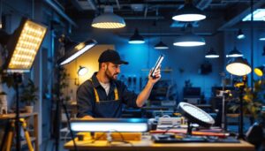 A photograph of a well-lit workspace featuring various types of led light fixtures in use