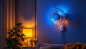 A photograph of a stylish wall-mounted fan light installed in a modern living space