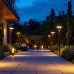 A photograph of a well-lit outdoor space showcasing various styles of led solar lights in use