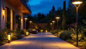 A photograph of a well-lit outdoor space showcasing various styles of led solar lights in use