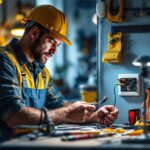 A photograph of a skilled lighting contractor examining different types of standard outlet wiring options in a well-lit workspace