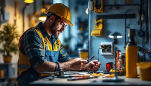 A photograph of a skilled lighting contractor examining different types of standard outlet wiring options in a well-lit workspace