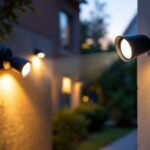 A photograph of a motion sensor spotlight installed in an outdoor setting