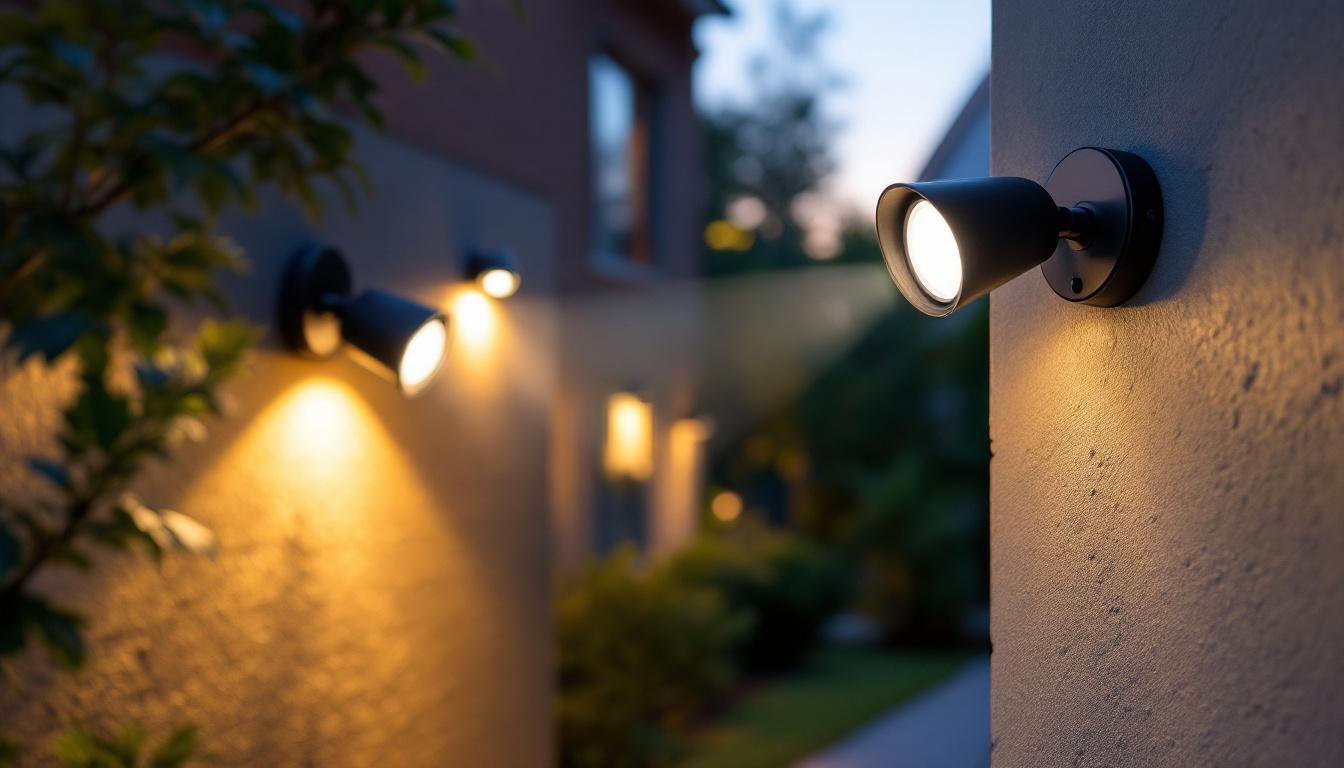 A photograph of a motion sensor spotlight installed in an outdoor setting