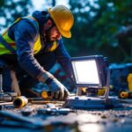 A photograph of a lighting contractor expertly installing a flood light base in an outdoor setting