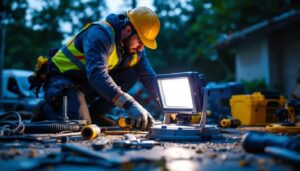 A photograph of a lighting contractor expertly installing a flood light base in an outdoor setting