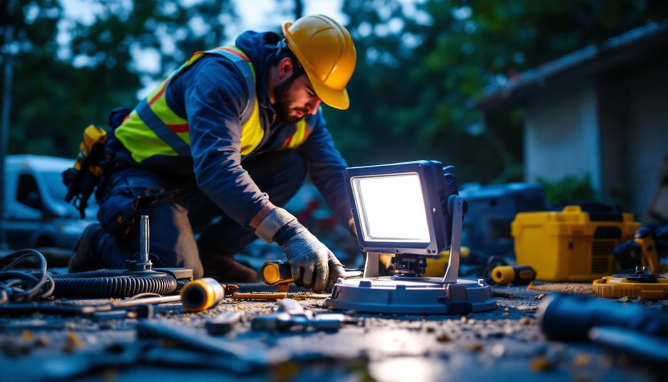 A photograph of a lighting contractor expertly installing a flood light base in an outdoor setting