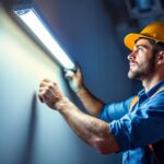 A photograph of a lighting contractor installing a single tube fluorescent light fixture in a commercial setting