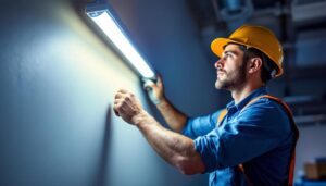 A photograph of a lighting contractor installing a single tube fluorescent light fixture in a commercial setting
