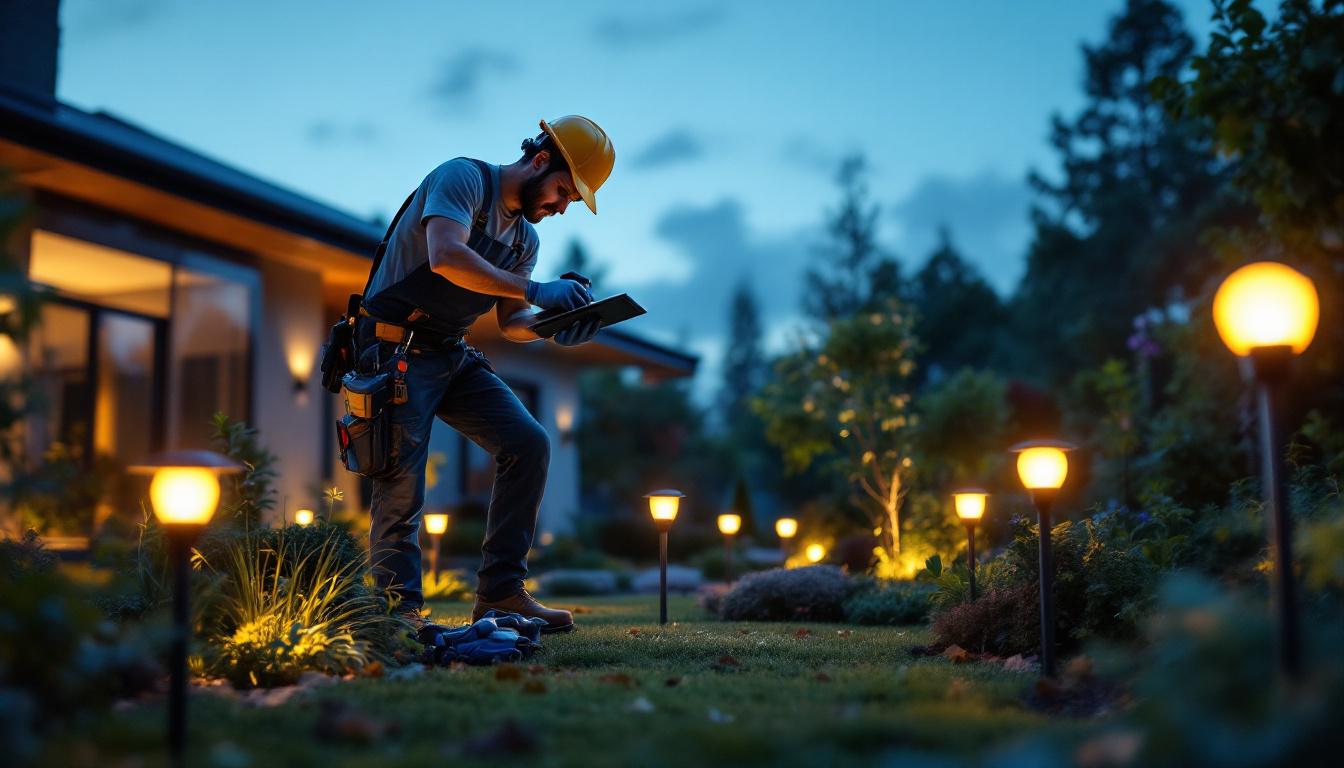 A photograph of a lighting contractor installing modern outdoor solar lights in a beautifully landscaped garden at dusk