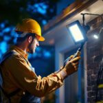 A photograph of a lighting contractor expertly installing outdoor flood light fixtures in a residential or commercial setting