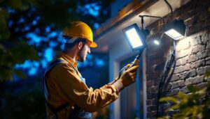 A photograph of a lighting contractor expertly installing outdoor flood light fixtures in a residential or commercial setting
